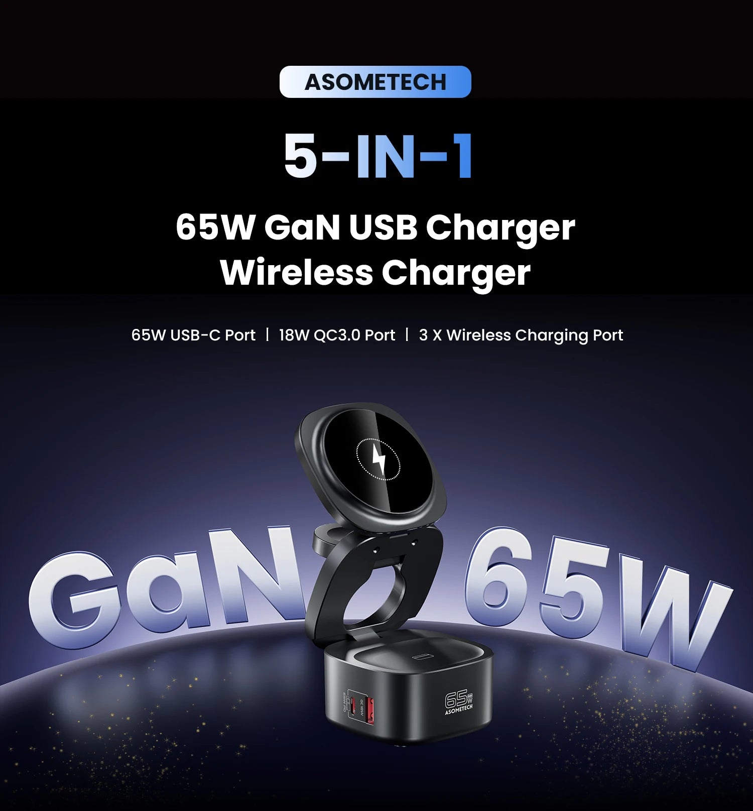 ASOMETECH 65W GaN Fast Charger For Macbook Samsung Magnetic 5 in 1 Foldable Wireless Charger Station For iPhone 16 iWatch Airpod