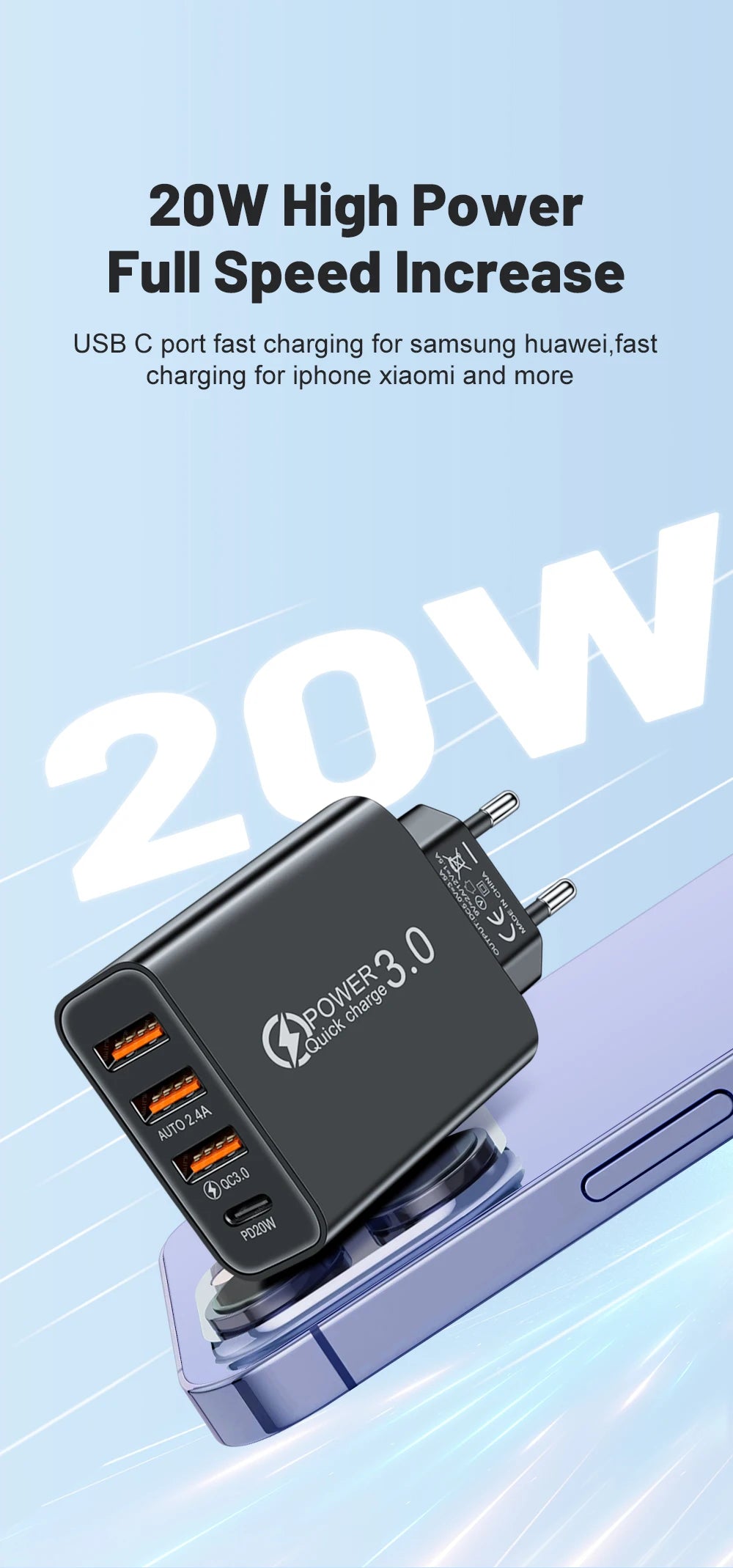 Total 20W Multi Port Wall Charger USB PD Adapter For Xiaomi iPhone 13 12 for Samsung Mobile Phone Plug Charging