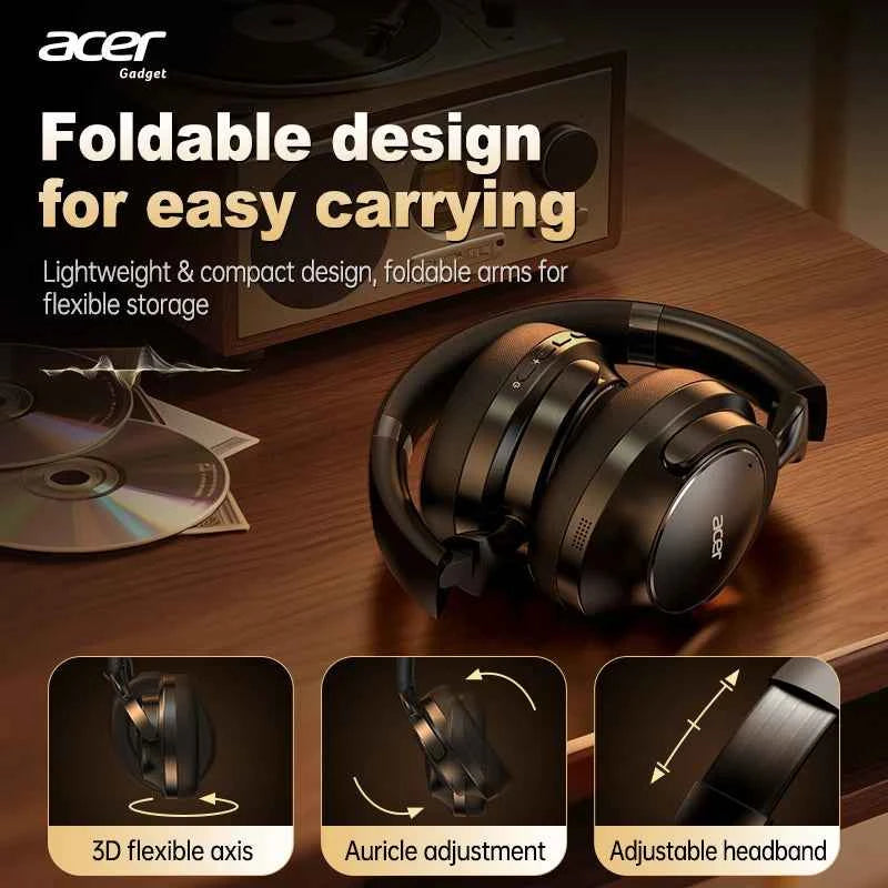 Acer Ohr560 Wireless Bluetooth Headset, Full-Ear Foldable Headphones with Built-In Microphone, Stereo Sound, Active Noise Reduction, Compatible with 3.5mm Audio Cable, Suitable for Work, Travel, and Gaming