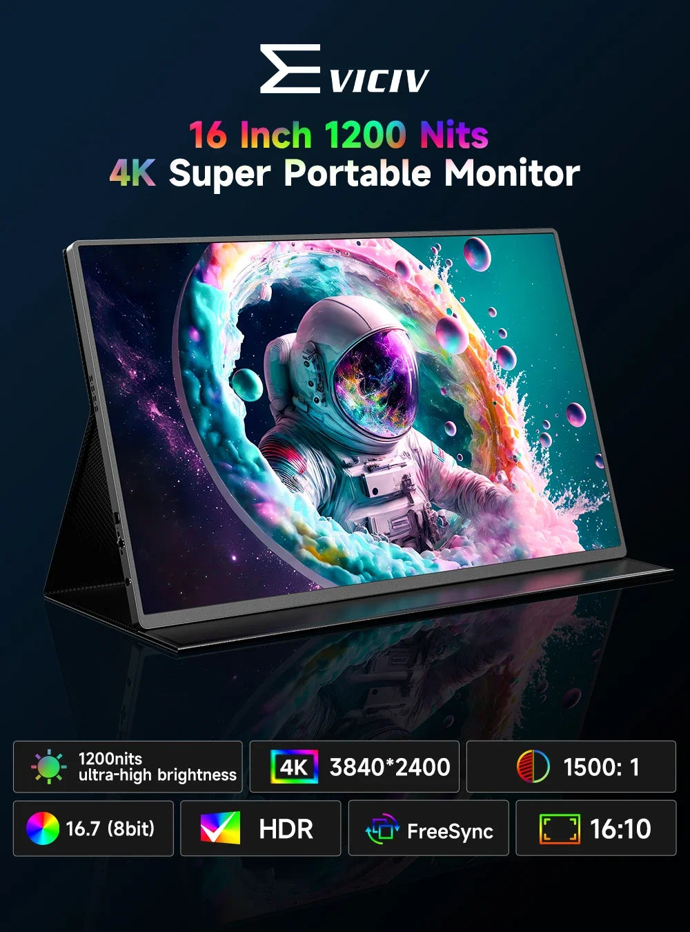 EVICIV 16 inch 4K Portable Monitor 3840x2400P 100%sRGB 1200Nits IPS Screen for Laptop Mac Phone Xbox Switch Travel Office Displa