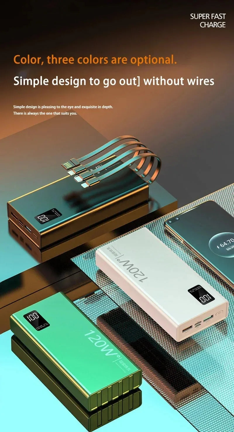 50000mah Power Bank 120W Fast Charging Built-in Cable External Large Battery Portable Charger For iPhone Samsung Xiaomi
