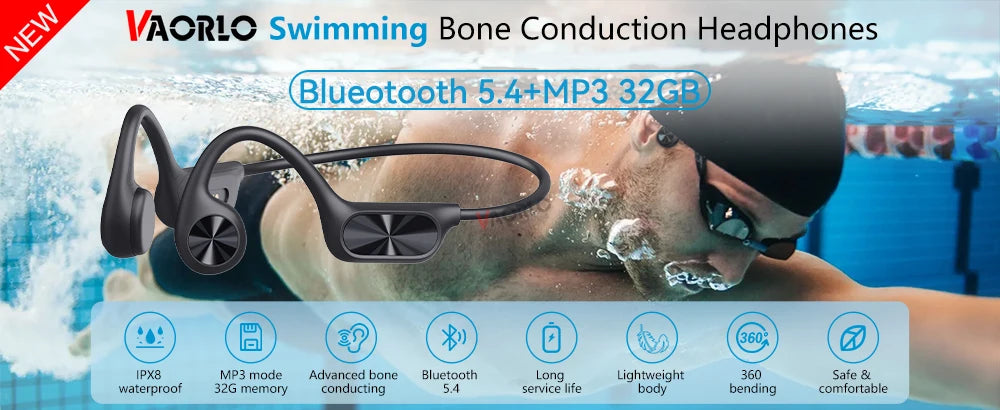 Bone Conduction Wireless Headphone IPX8 Waterproof Swimming Headset Bluetooth 5.4 32GB RAM MP3 Player HIFI Music Sports Earphone