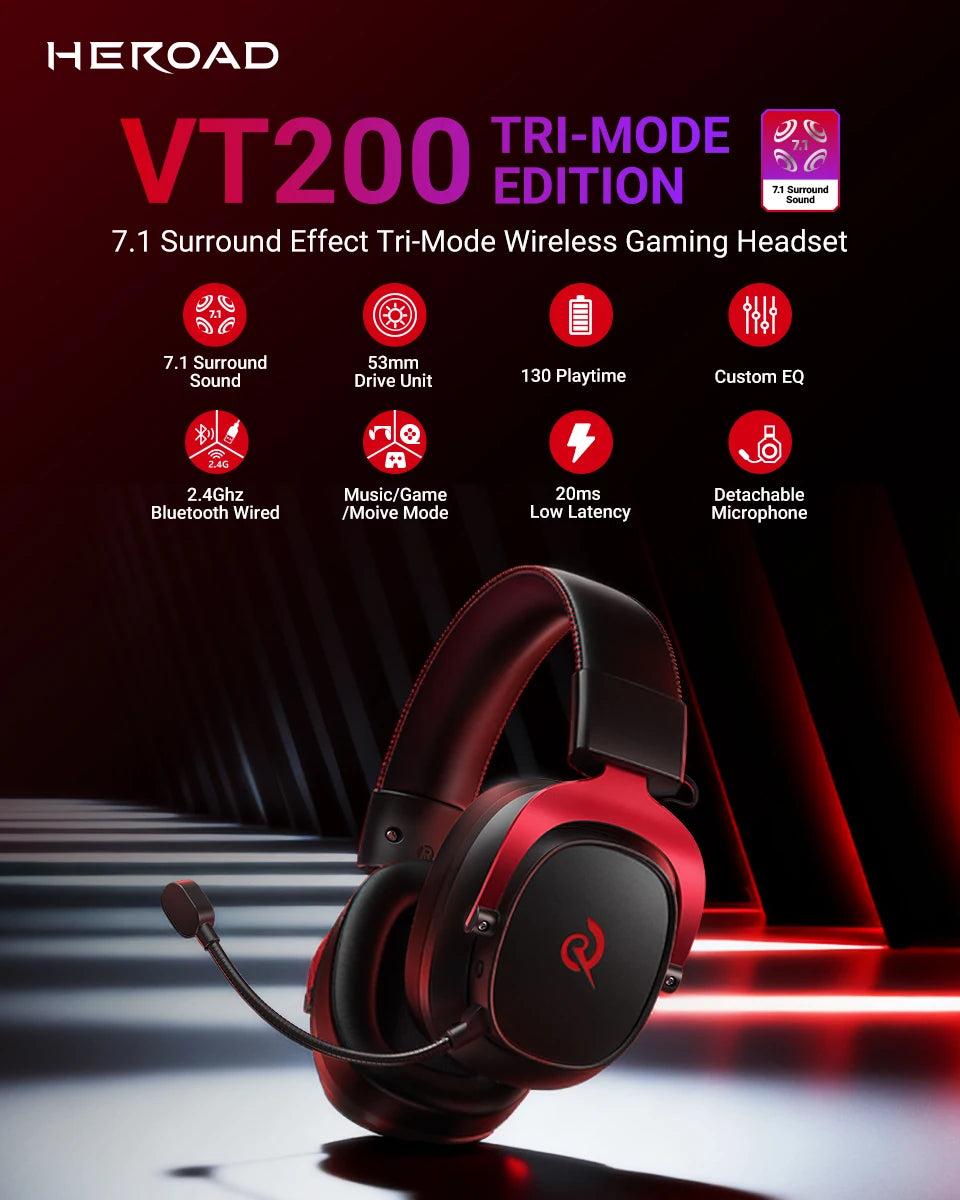 QCY Heroad VT200 Wireless Gaming Headset Detach Mic Over ear Headphone Tri-Mode 7.1 Surround Sound for PC/PS4/PS5 Headset Gamer
