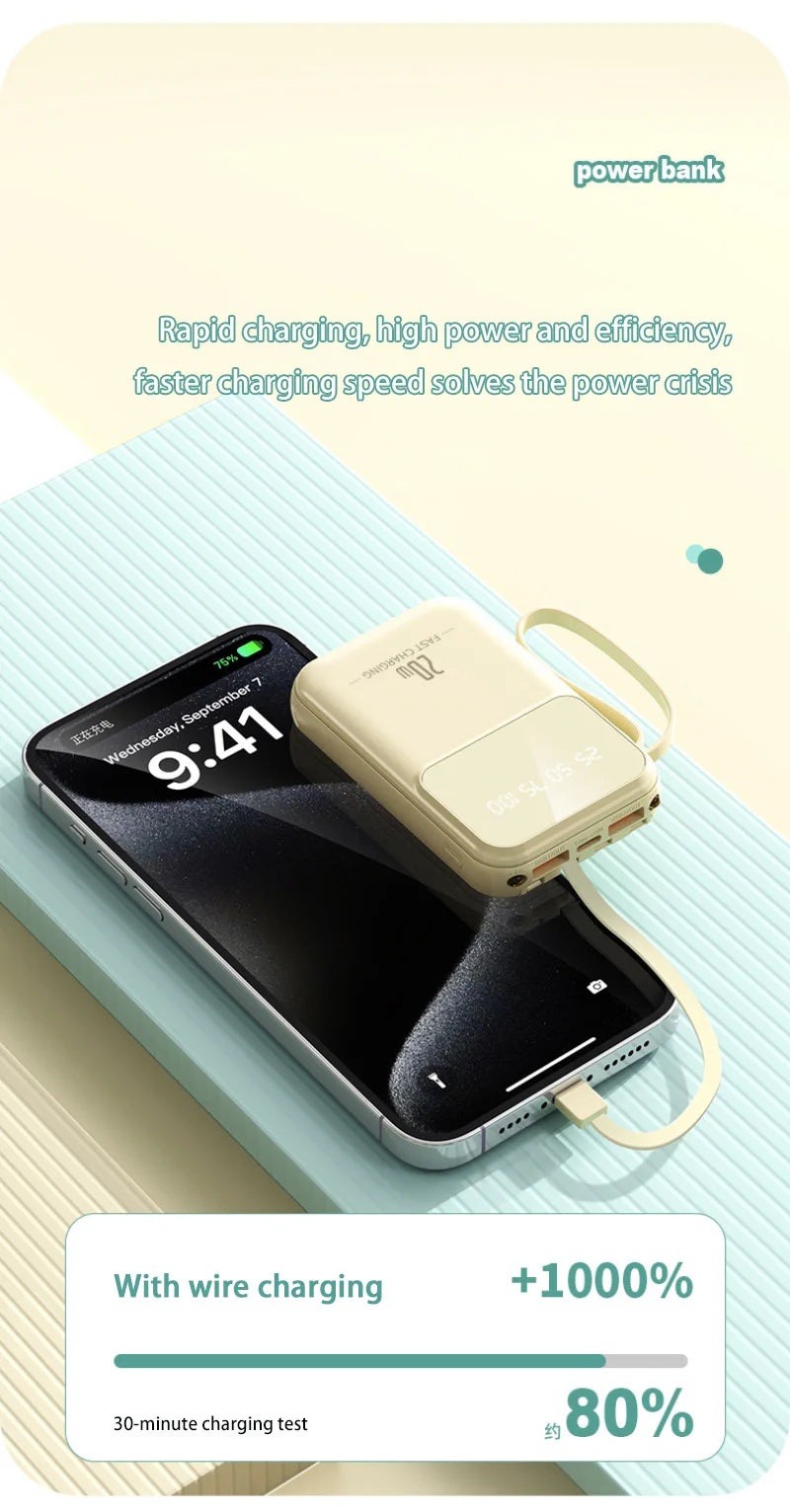 10000mAh compact portable power bank charging with built-in charging cable Powerbank suitable for iPhone/Samsung/Xiaomi/Huaewei