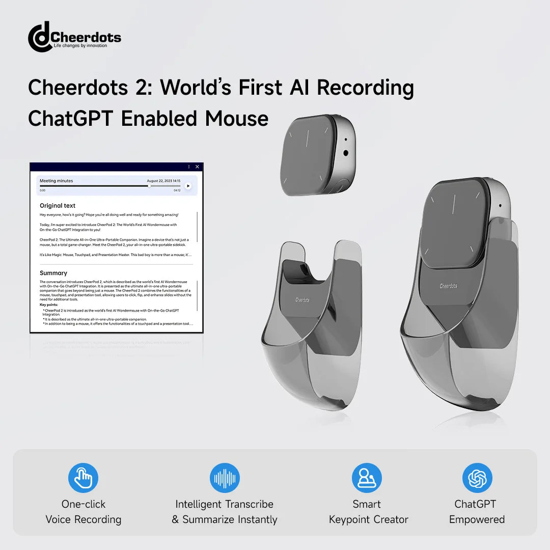 Cheerdots 2 Wireless Controll ChatGpt Detachable Air Mouse Wireless Touchpad All-in-one Pocket AI Recording Enabled Mouse Office