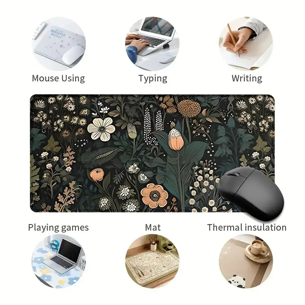 1Pc Gaming Mouse Pad Boho Flowers Large Desk Mat Office Desk Accessories With Stitched Edge Non-Slip Mousepad Rubber Base Desk Pad 35.4x15.7 Inch For Home
