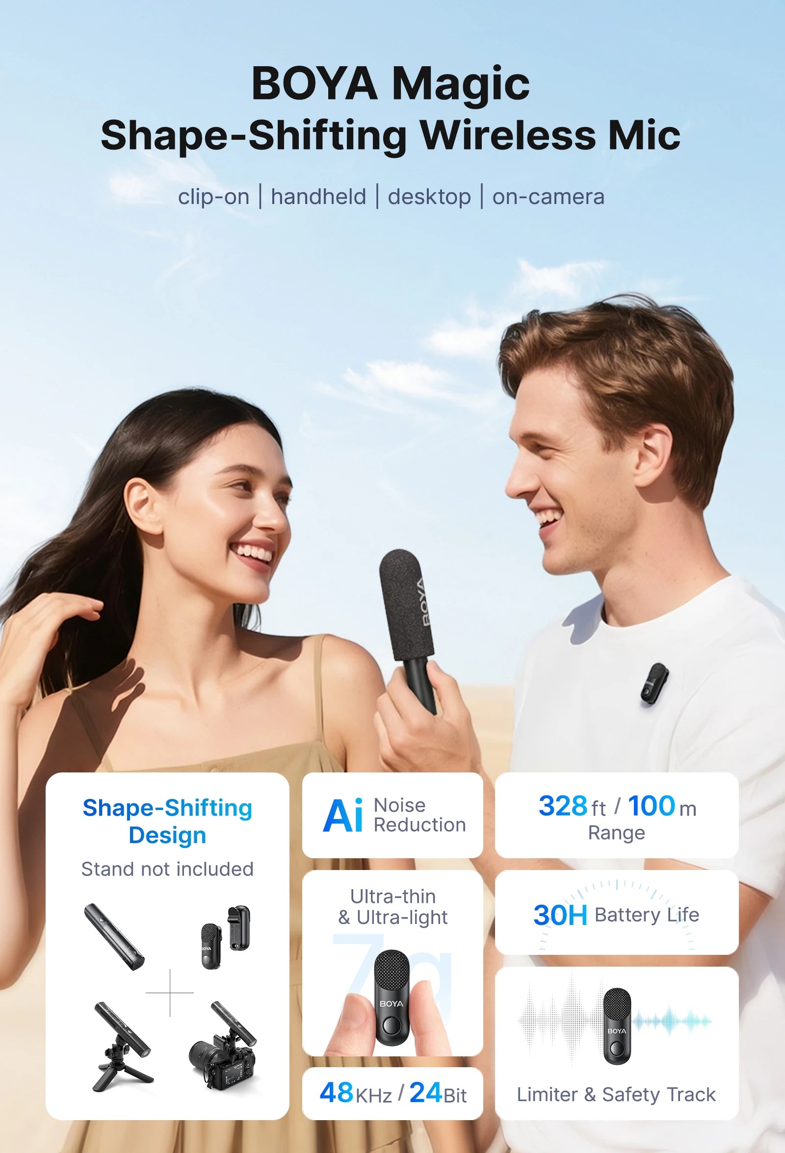BOYA BOYA Magic Wireless Lavalier Microphone 4 Forms in 1 Mic for iPhone Android USB-C Phone Camera for Interview Live Streaming