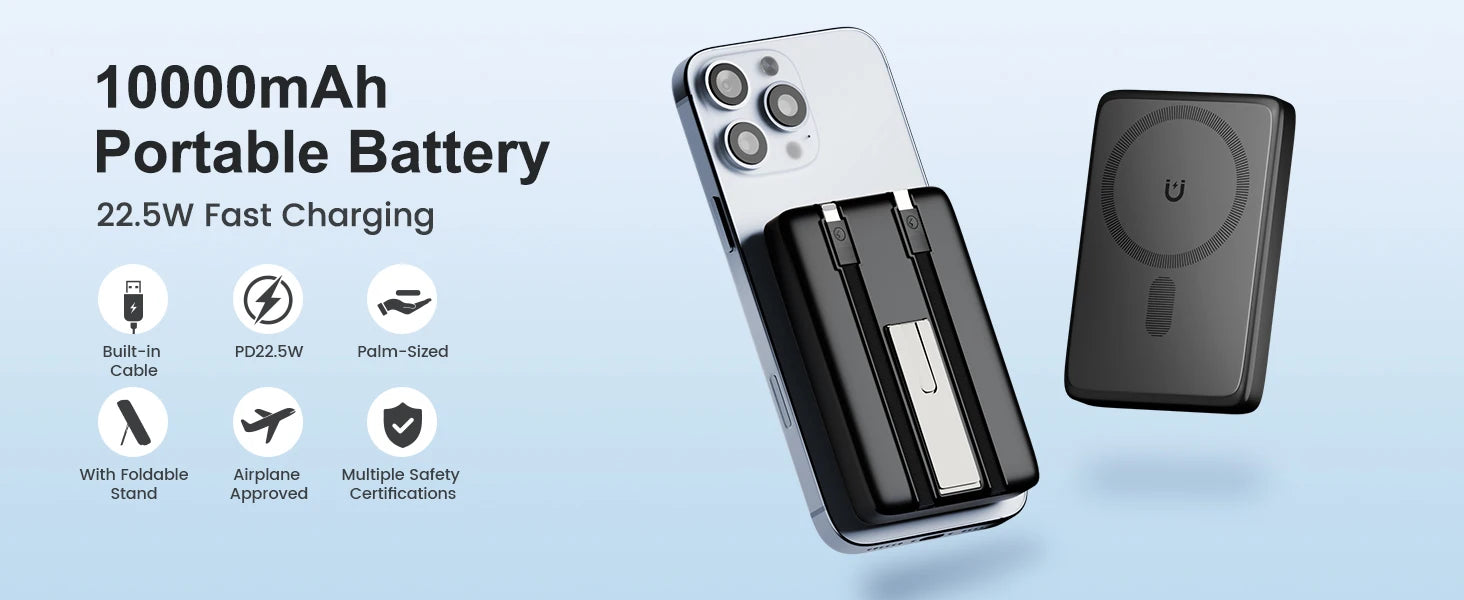 10000mAh Magnetic Wireless Power Bank PD22.5W Fast Charging External Battery Dual-Port Built-in Type-C For iPhone  Airpods Watch