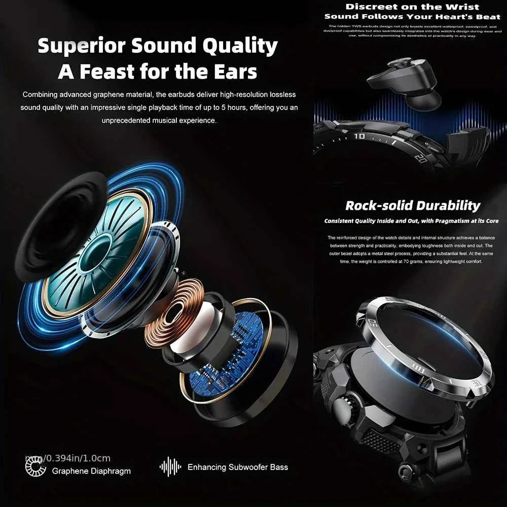 New 3 in 1 Smart Watch for Men With TWS Headset Rugged Military Bluetooth Call Fitness Tracker IP67 Waterproof for Android iOS