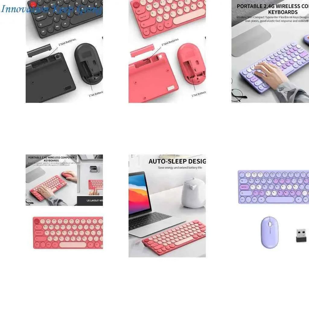 E65C Silents Clicks Mouse Wireless Keyboards Set Round Design 64Keys Portable For Desktop Notebook