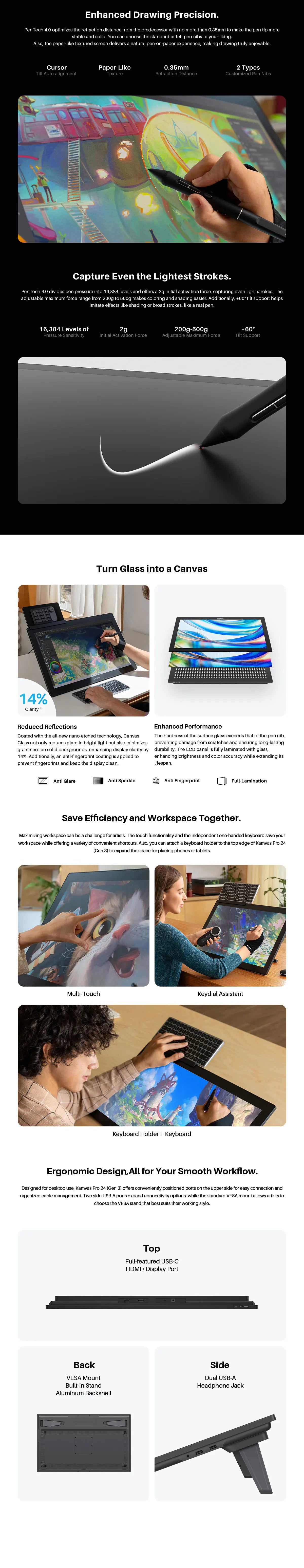 HUION KAMVAS Pro 24 (Gen 3) 4K UHD Touch Drawing Tablet with Screen, Pentech 4, 16K Pressure Levels, Pen Display with Dual Pen