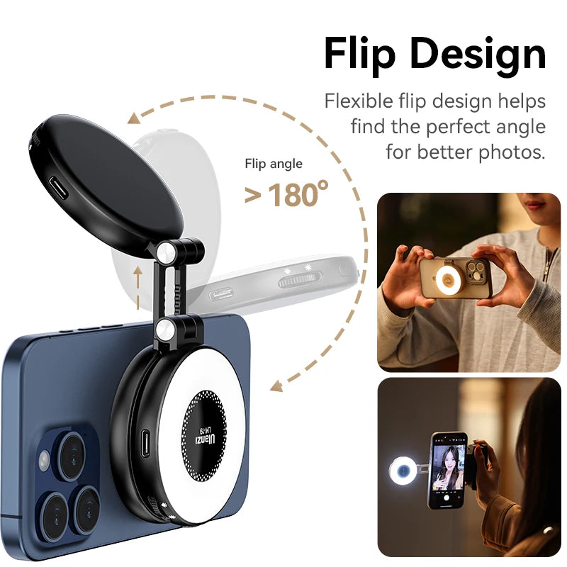 Ulanzi LM19 MagSafe Video Light Bi-Color Selfie Light for iPhone 16 15 14 Pro Max Flip Fill Light As Phone Stand for Video Vlog