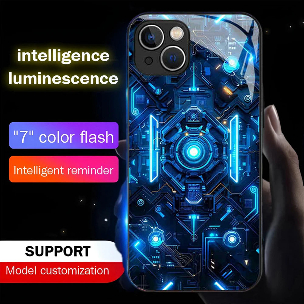 Luxury Blue Chip Pattern Luminous Glass LED Call Light Up Flash Phone Case Cover For iPhone Air 17 16 E 15 14 13 12 Pro Max Plus