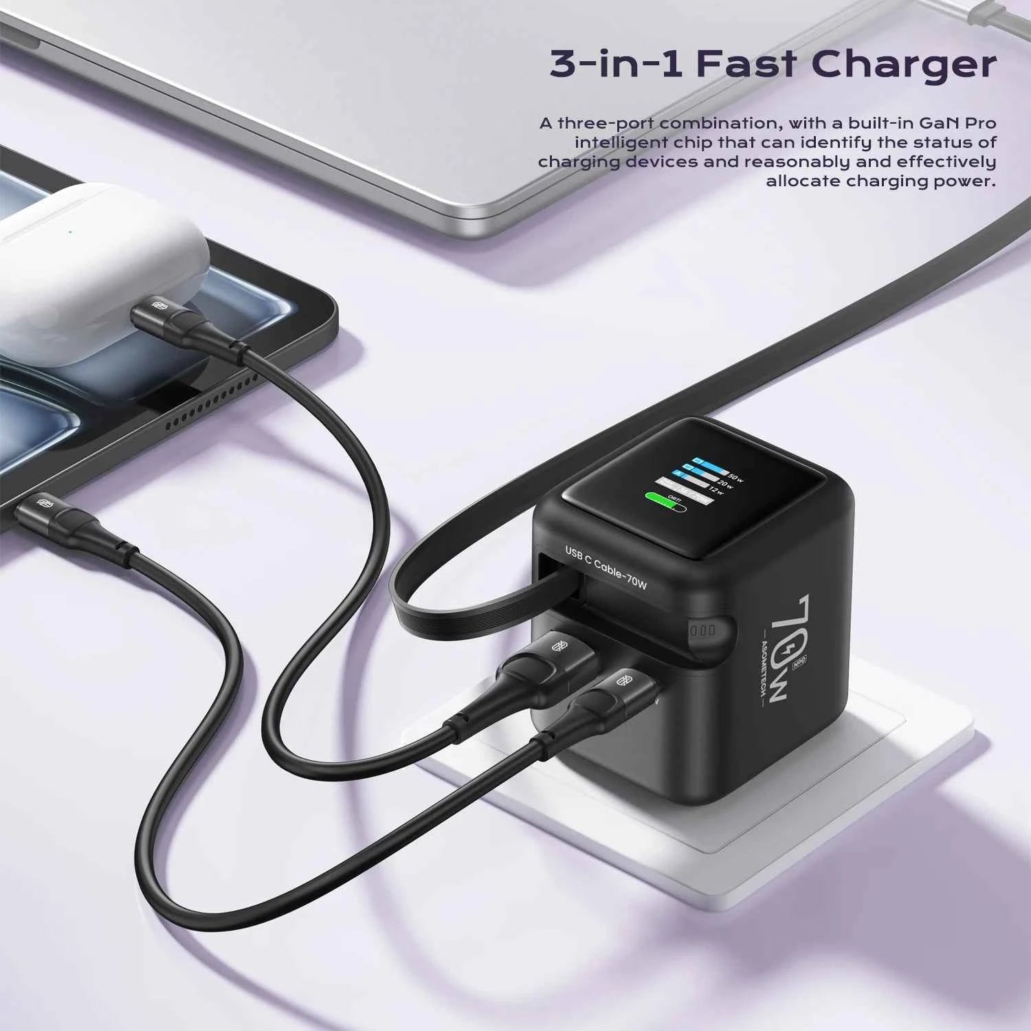 ASOMETECH 70W GaN Charger With Retractable Type C Cable 45W PD QC PPS Travel Charger for iPhone 16 Laptop Macbook Tablet Samsung
