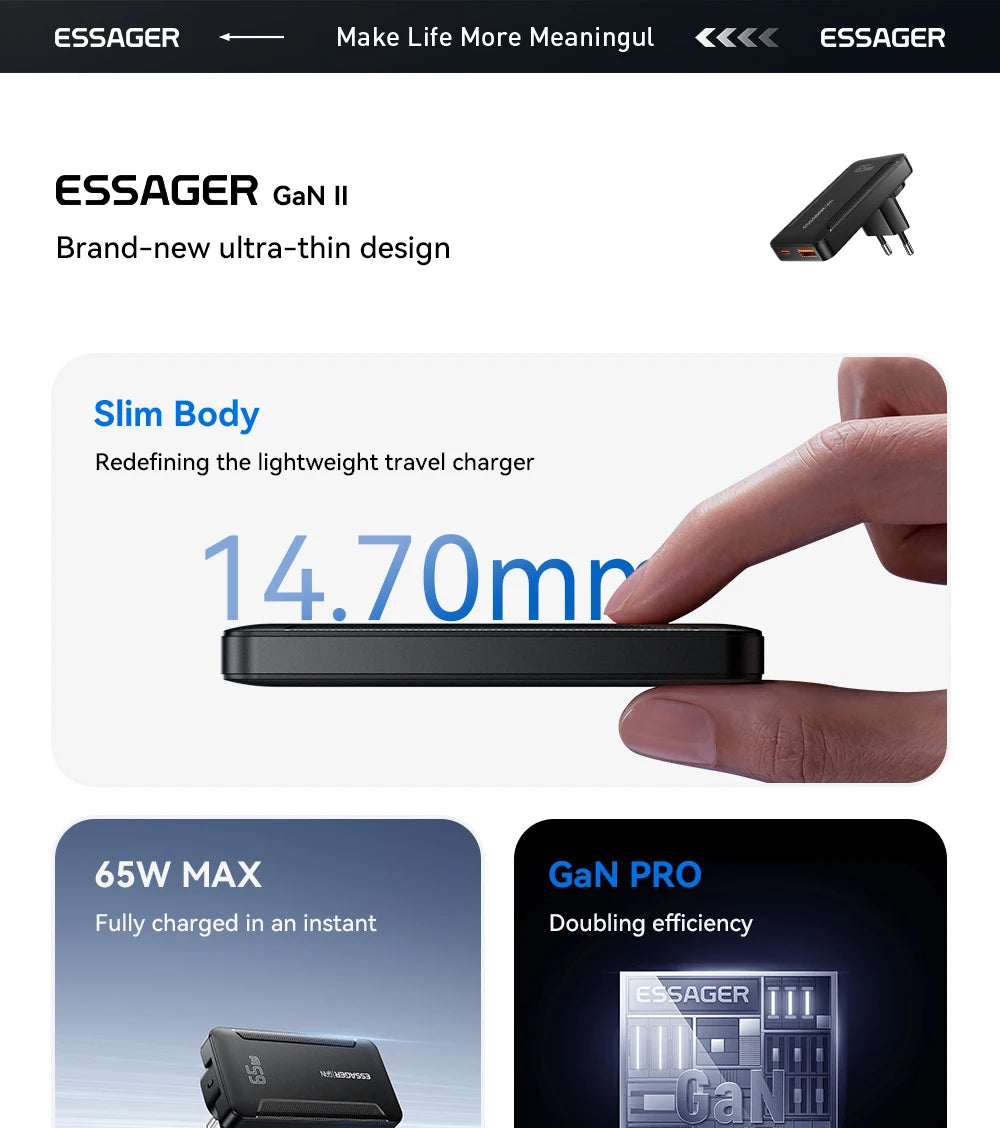 Essager Ultra Thin 65W GaN pro Travel Charger Quick Charge 4.0 PD3.0 Portable Type-C for iPhone 17 16 15Samsung MacBook Laptop