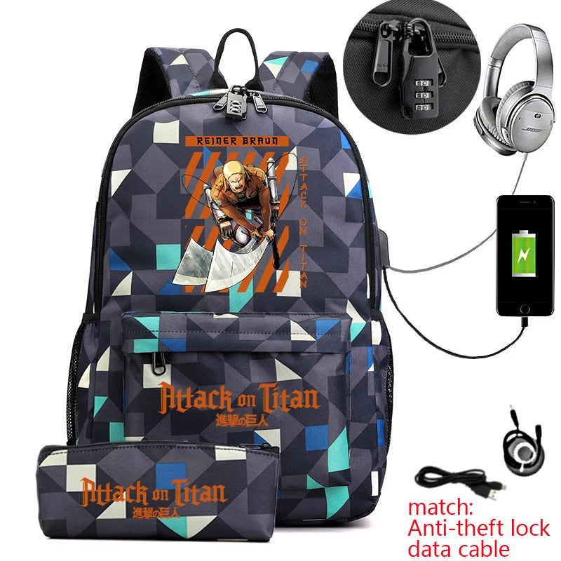 Attack on Titan Anime Print School Backpack Anti-Theft Laptop Bag for Boys Girls with Pencil Case