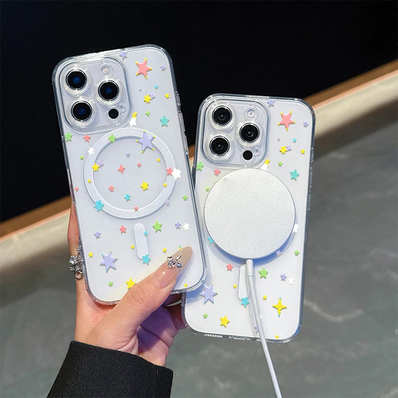 Colored stars,transparent magnet Case For  IPhone 17 promax 17 air 16 15 14 13 12 11 Pro Max 16 15 Plus X XS.Soft TPU,shockproof