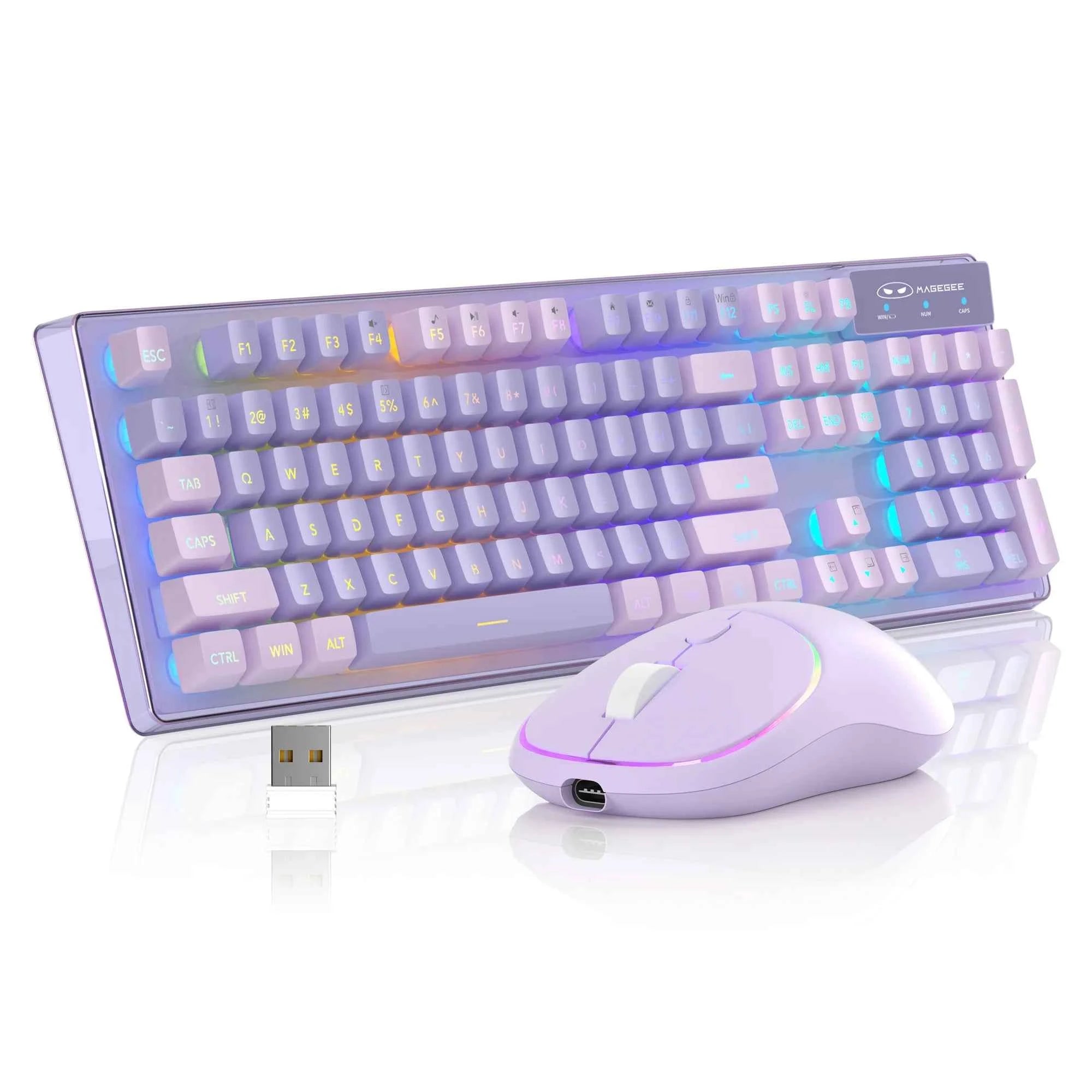 MageGee V550 Wireless Gaming Keyboard and Mouse, 2.4G Full-Sized RGB LED Computer Keyboards with Transparent Shell, Rechargeable