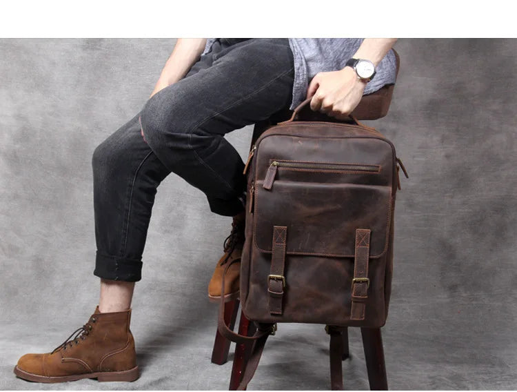 Vintage Crazy Horse Genuine Leather Backpack Men Bagpack Cowhide Hiking Backpack 17