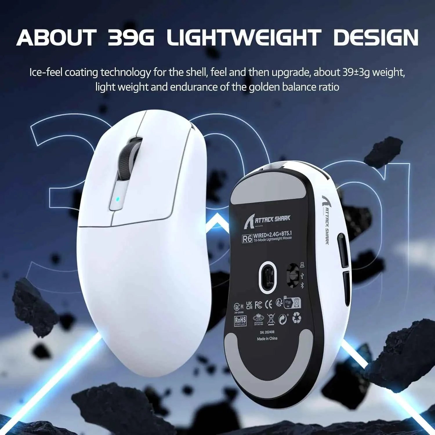 Attack Shark R6 Lightweight Wireless Gaming Mouse, PAW 3950Max Sensor Computer Mouse with Nordic 52480, 8KHz Polling