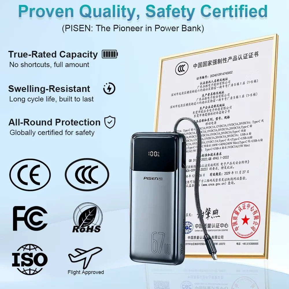 PISEN 20000mAh 67W Power Bank With Fast Charging Cable CCC External Battery For 65W Laptops/ 45W Samsung Phones/ iPhone & iPad