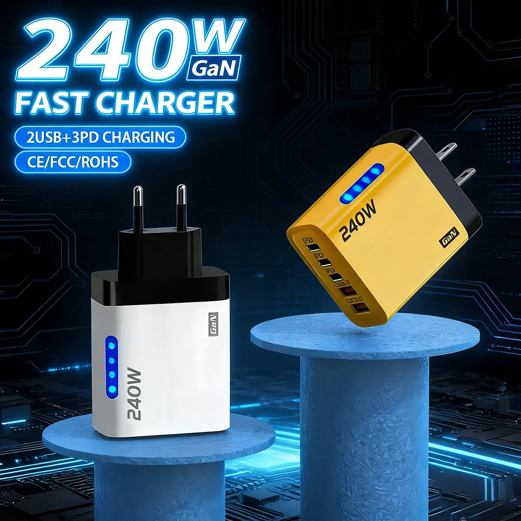 240W GaN Charger 5-in-1 3USB-C PD and 2USB-A QC3.0 Fast Charging for iPhone 16 17 Samsung S25 S24 Xiaomi 15 16 17 Huawei Mate