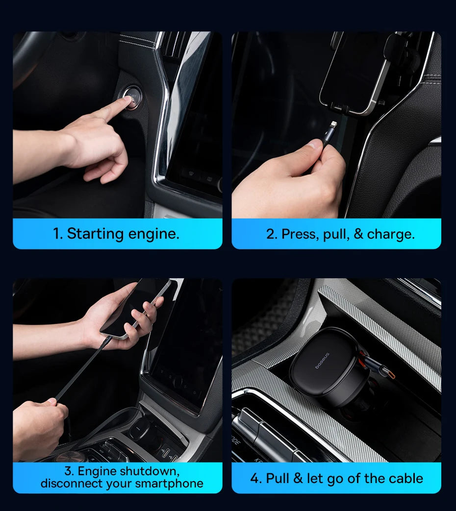 Baseus 60W Car Charger 2 in 1 Retractable Cable SCP 25W QC PD 30W Fast Car Phone Charger For iPad iPhone 16 15 14 13 Pro Samsung