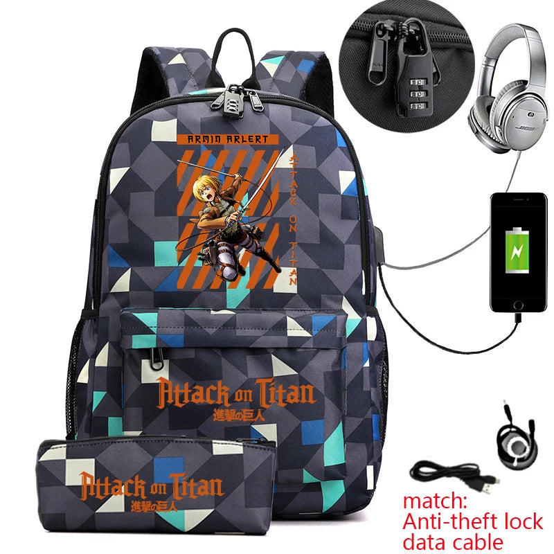 Attack on Titan Anime Print School Backpack Anti-Theft Laptop Bag for Boys Girls with Pencil Case