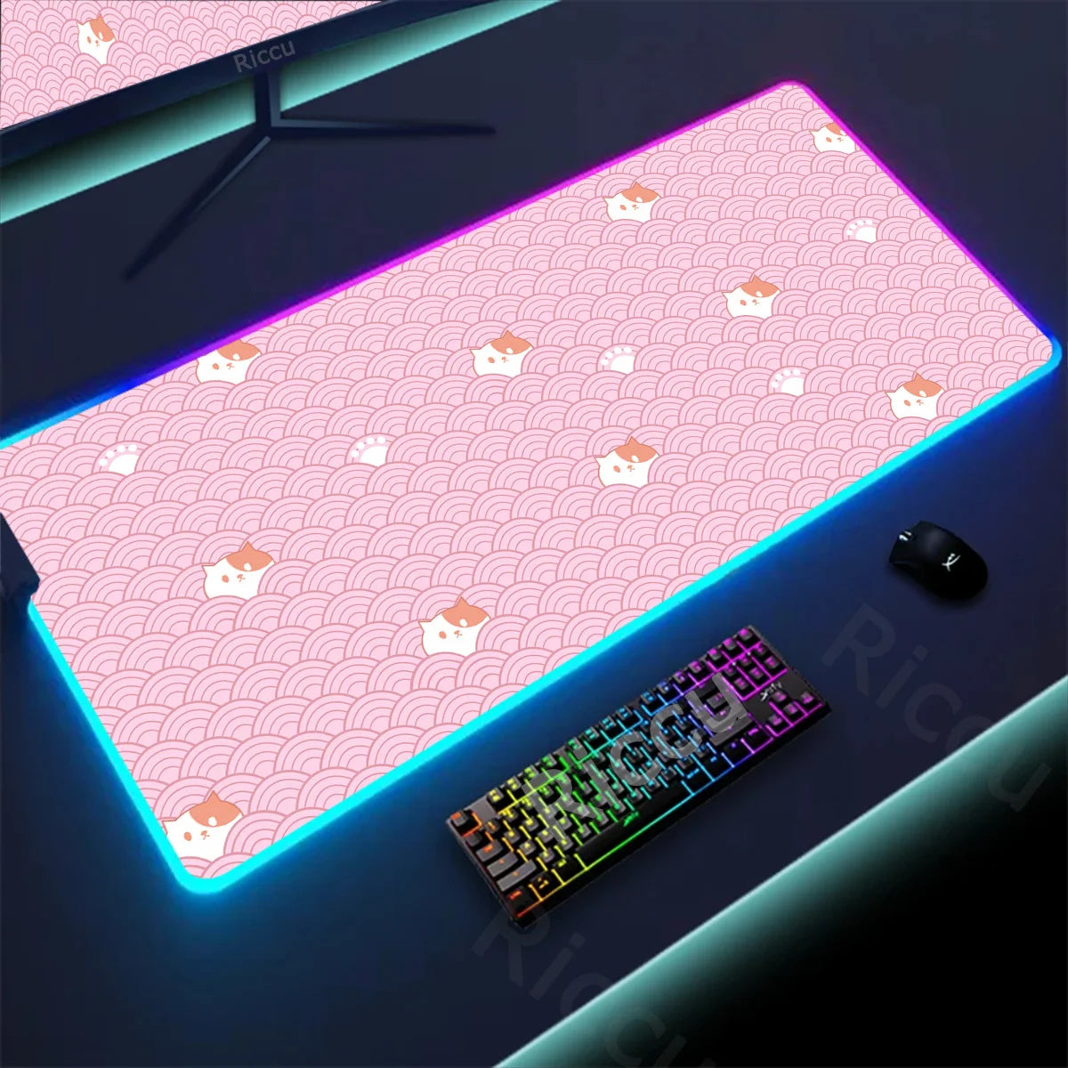 RGB Mousepad Pink Cloud Cat Cartoon Deskmat LED Backlight Gaming Keyboard Rug Computer Office Accessories Kawaii Anime Mouse Pad - WinSupport Tech