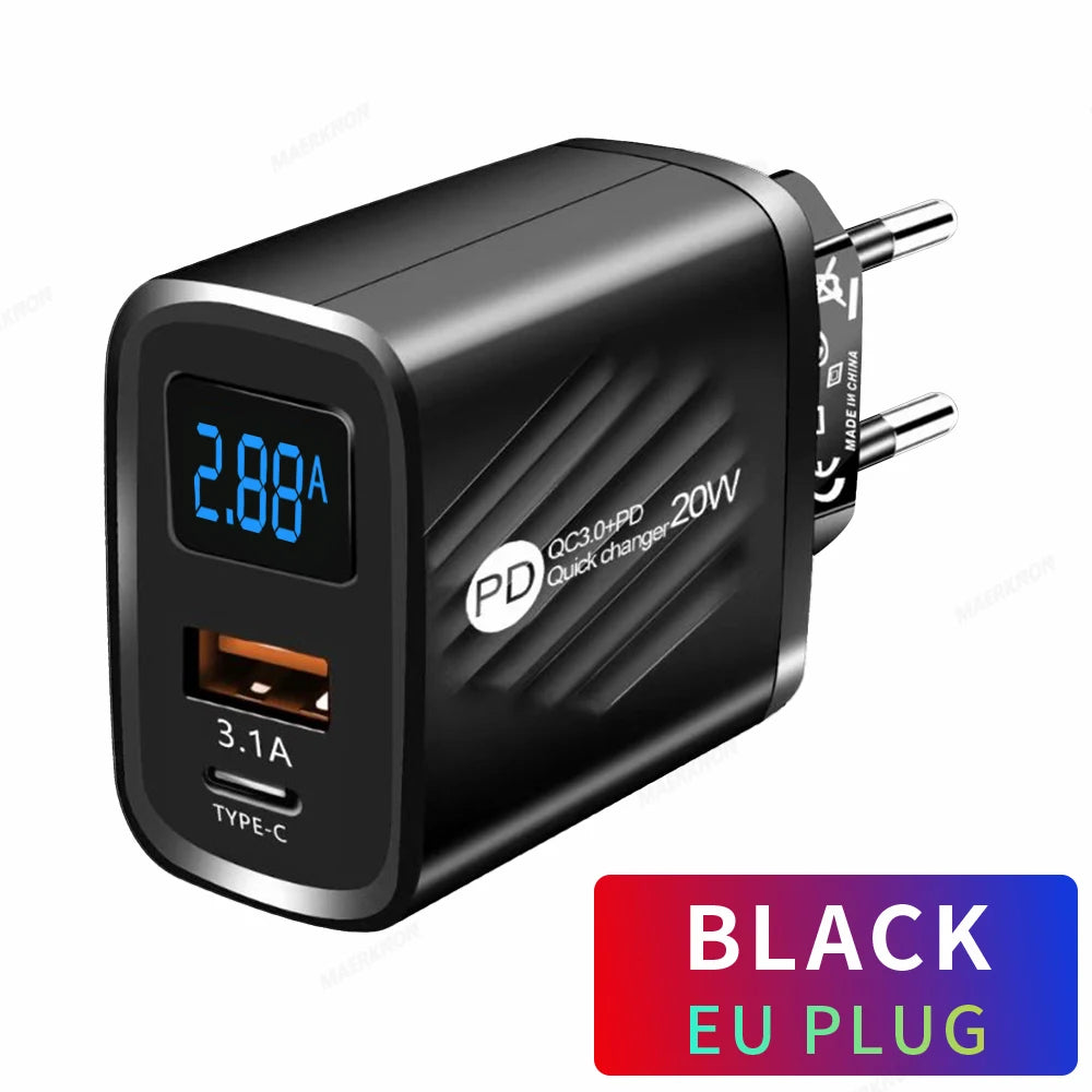 USB PD Charger 20W Fast Charging Type C Digital Display Phone Charge Adapter For iPhone Samsung Xiaomi Huawei USB C Wall Charger