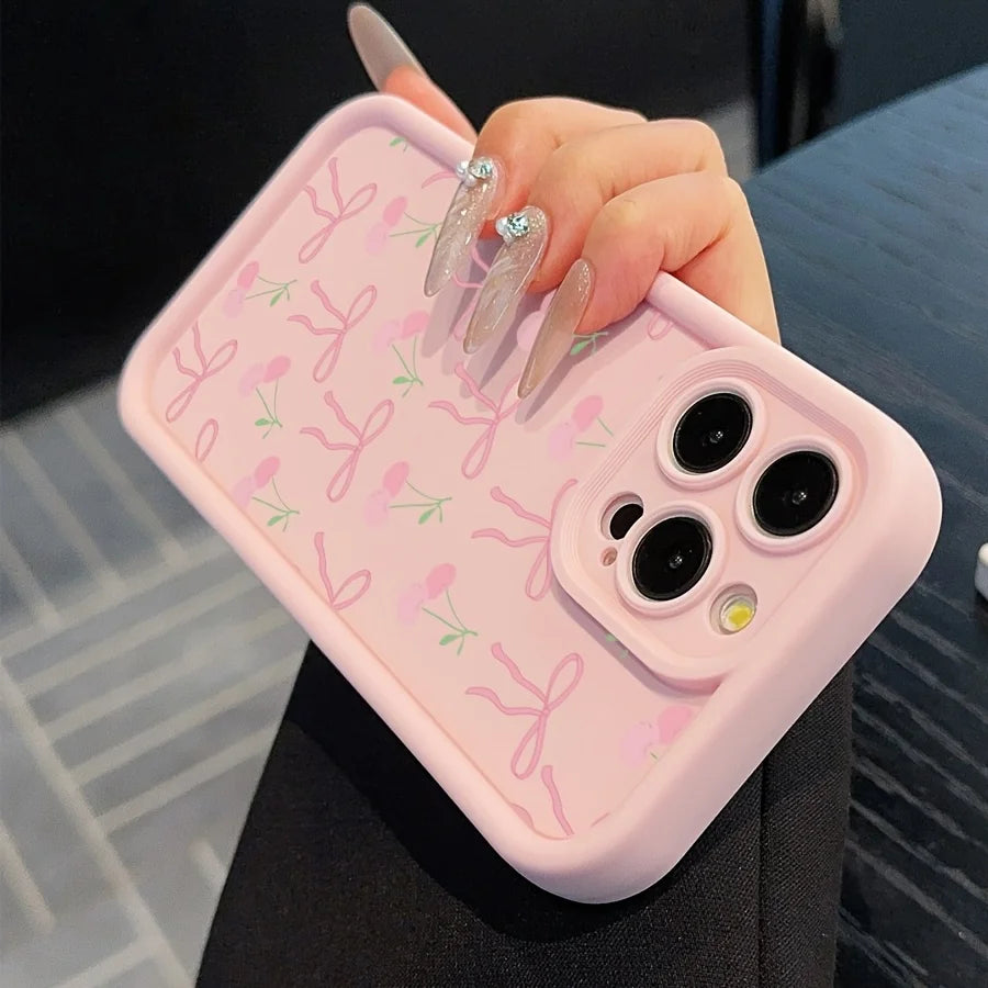 Cute pink phone case with a glittery bow pattern for iPhone 15 Pro Max, iPhone 16/14/13 Pro/12