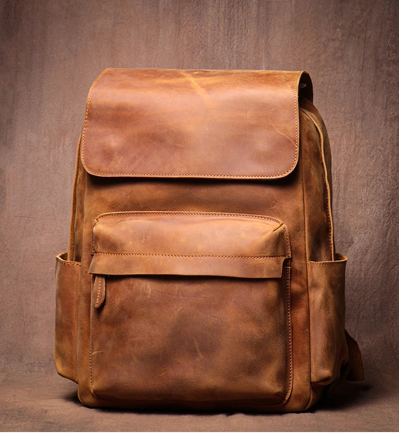 LUOKIR Genuine Leather Laptop Backpack 15 Inch – Vintage Crazy Horse Cowhide Business Travel Backpack for Men, Luxury School Computer Bag