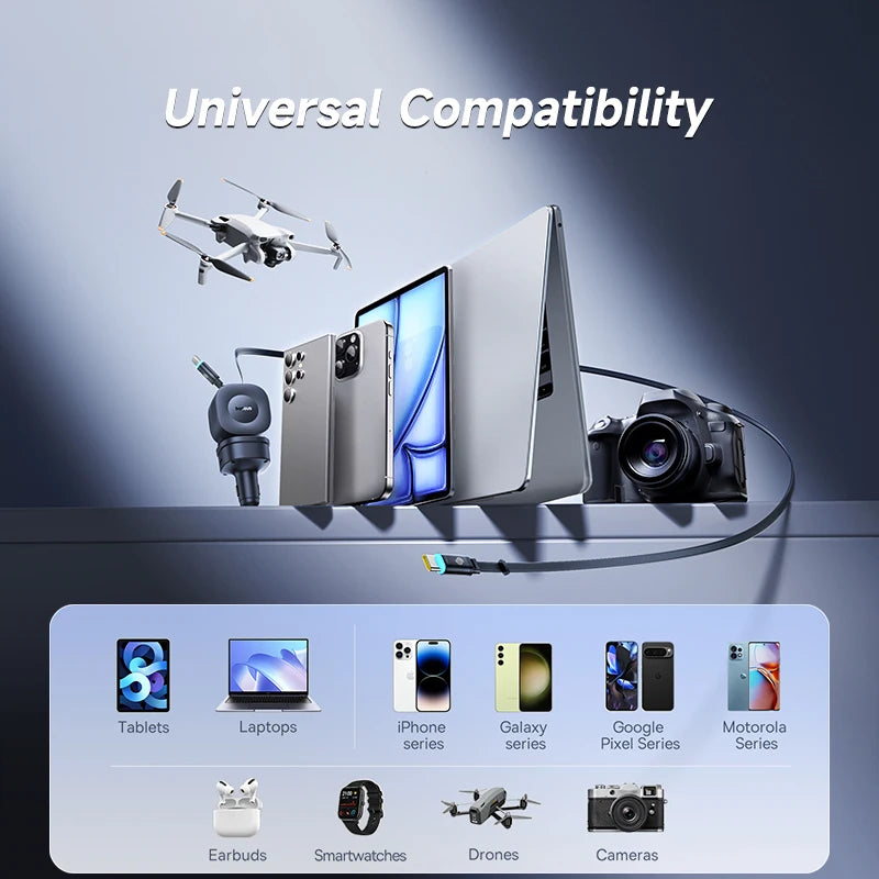Baseus 240W Car Charger 4 Ports Built in Retractable Cable Fast Charging USB Type-C Car Phone Charger For Samsung iPhone Xiaomi