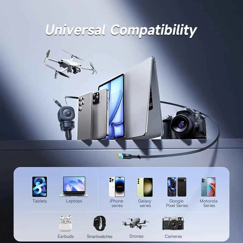 Baseus 240W Car Charger 4 Ports Built in Retractable Cable Fast Charging USB Type-C Car Phone Charger For Samsung iPhone Xiaomi