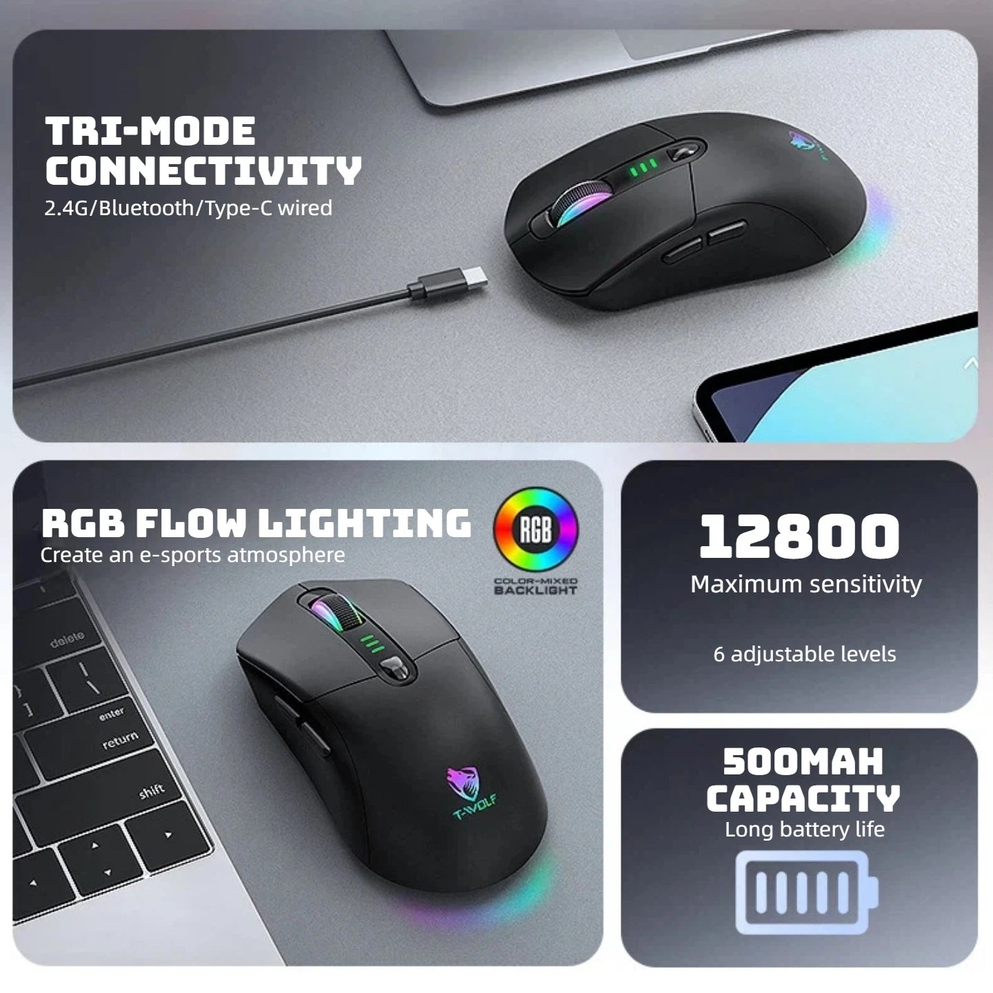Tri-mode Wireless Gaming Mouse RGB 1000Hz Rechargeable Ergonomic Bluetooth Mouse with Battery Display for PC Mac