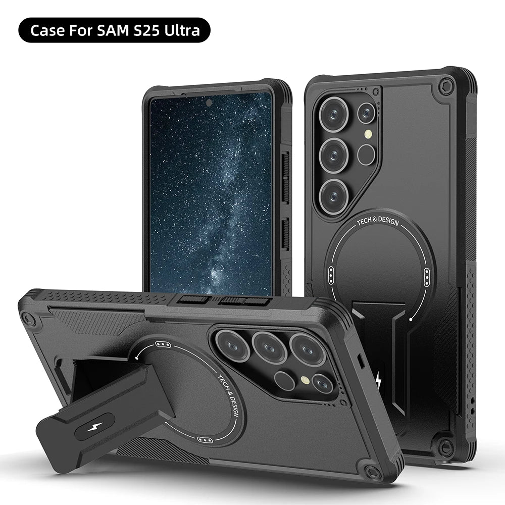 Fold Stand Holder Magnetic Armor Case For Samsung S25 Ultra S24 Plus Wireless Charging Invisible Bracket Shockproof Hard Cover