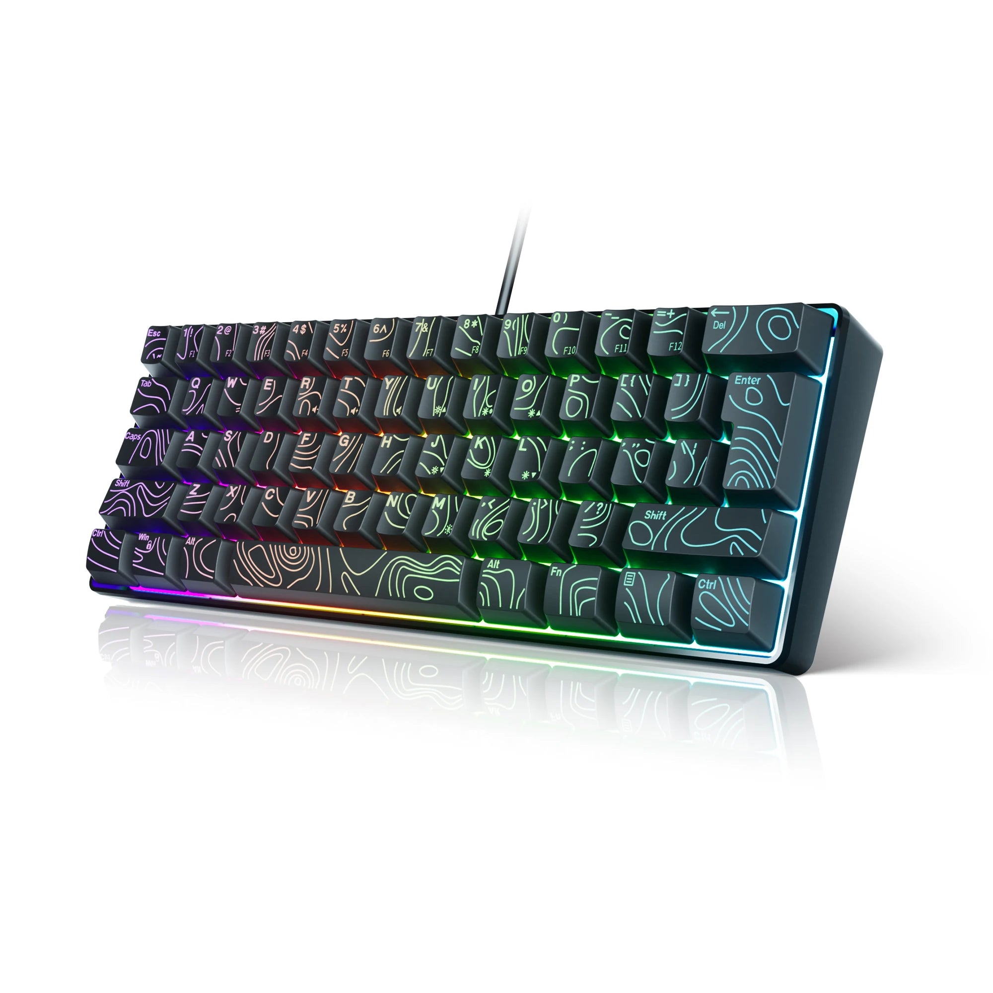 60% Compact Wired Keyboard with RGB Backlight and Membrane Keyswitches. Suitable for Windows tablets, laptops and gamers. Black.