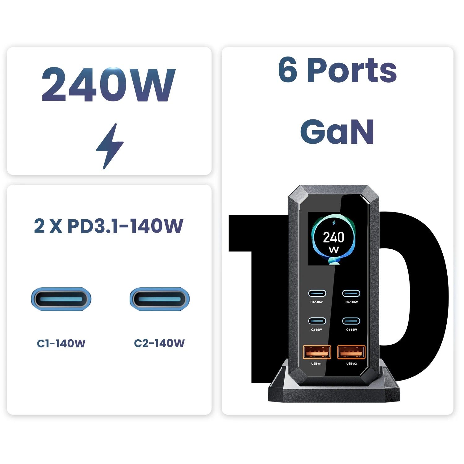 ASOMETECH 240W GaN Charger 140W PD3.1 PPS USB Type C Digital Display Fast Charging Station for iPhone 17 MacBook Laptops Samsung