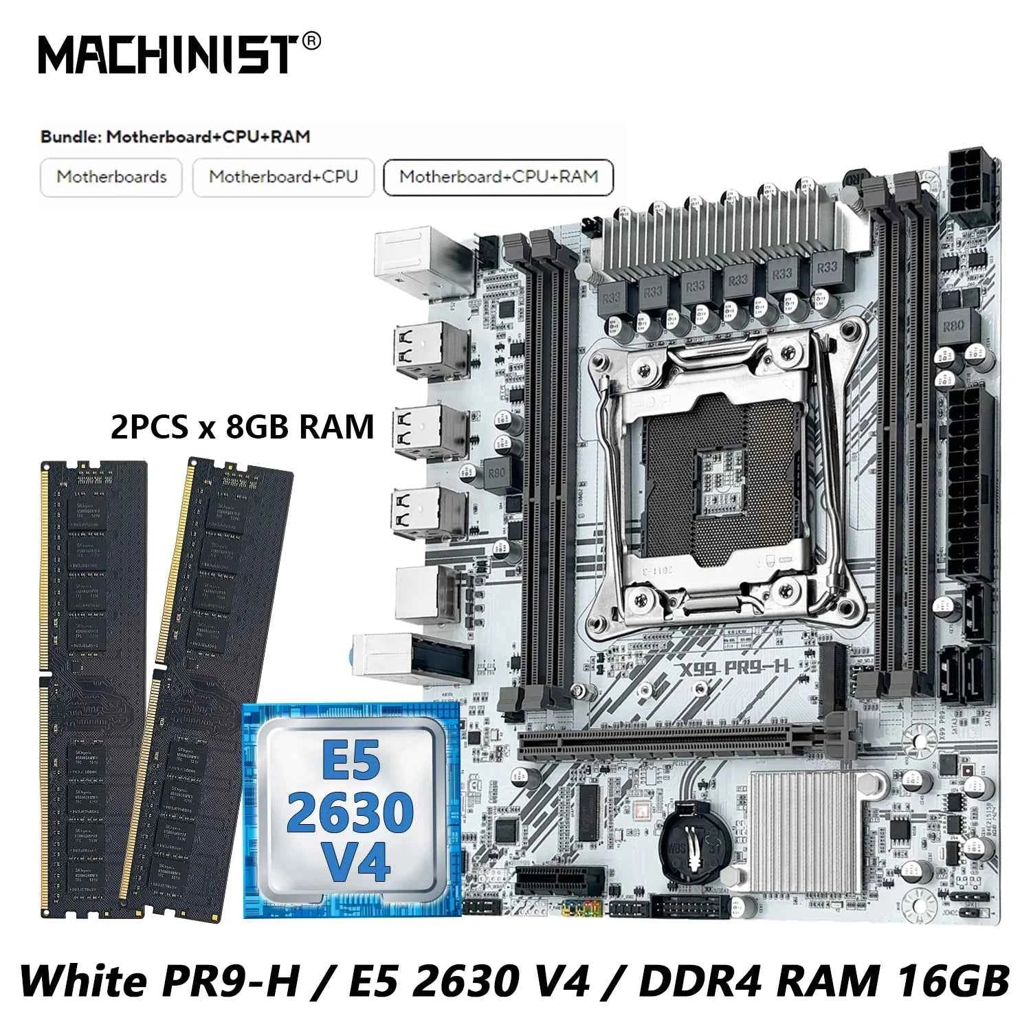 MACHINIST White X99 PR9-H Motherboard Combo Intel Xeon E5 2630 V4 LGA 2011-3 CPU DDR4 16GB RAM NVME M.2 Optional Kit Set