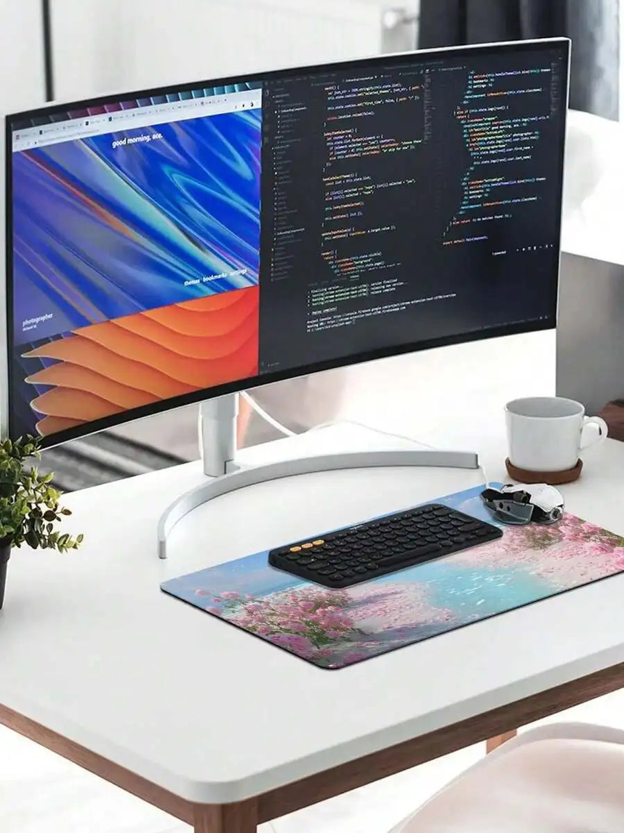 Pink Rose Beach Design Mouse Pad Anti-Slip Rubber Base Washable Gaming Desk Decor