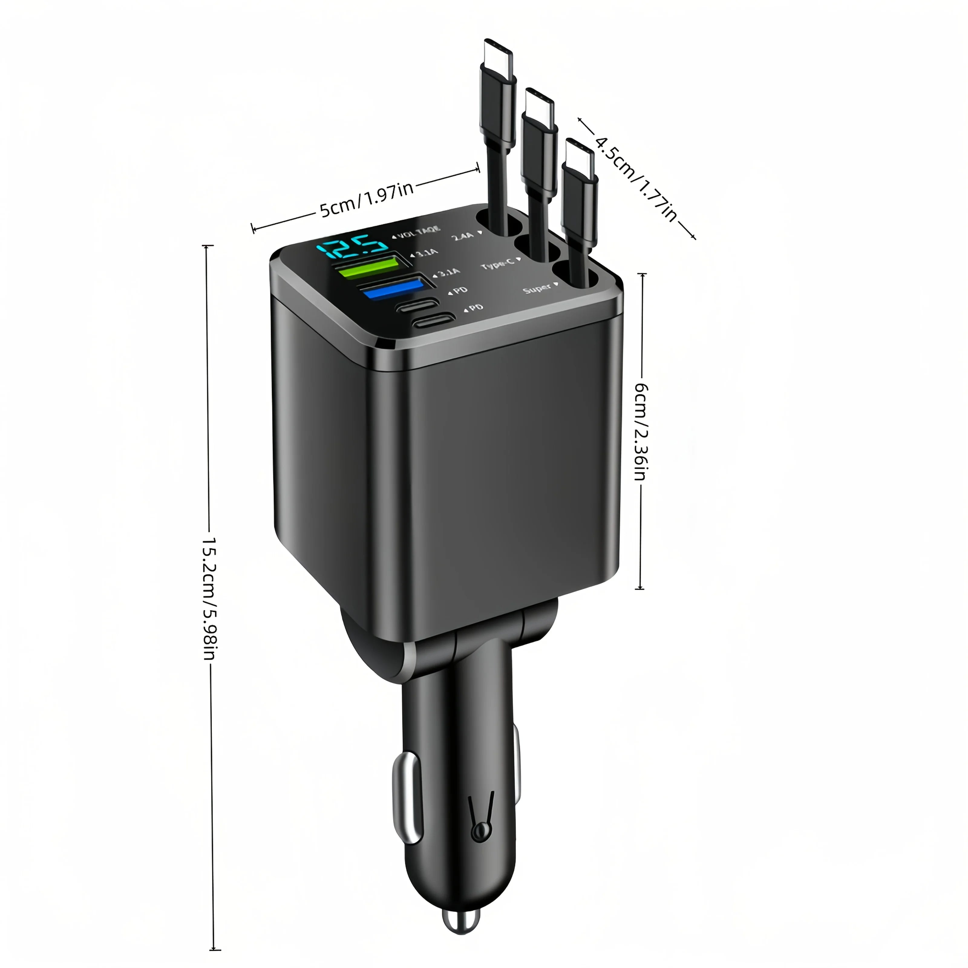 7 Ports Fast Car Charger with LED Display Rotatable Car Cigarette Lighter Charger Adapter USB & Type C for All Smartphones Table