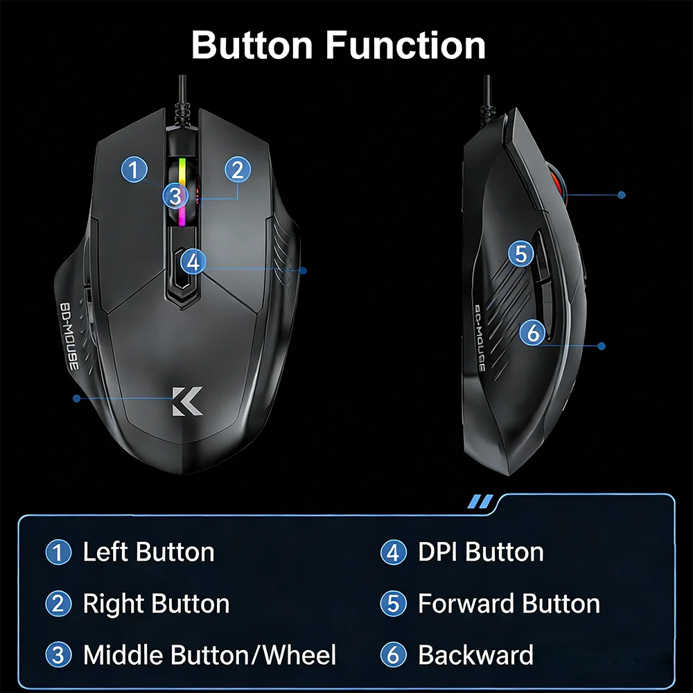 KEBIDUMEI 6 Buttons USB Wired Mouse 6 Levels up to 7200DPI Mouse Ergonomic Gaming Mouse Plug and Play For Laptop Windows MacOS