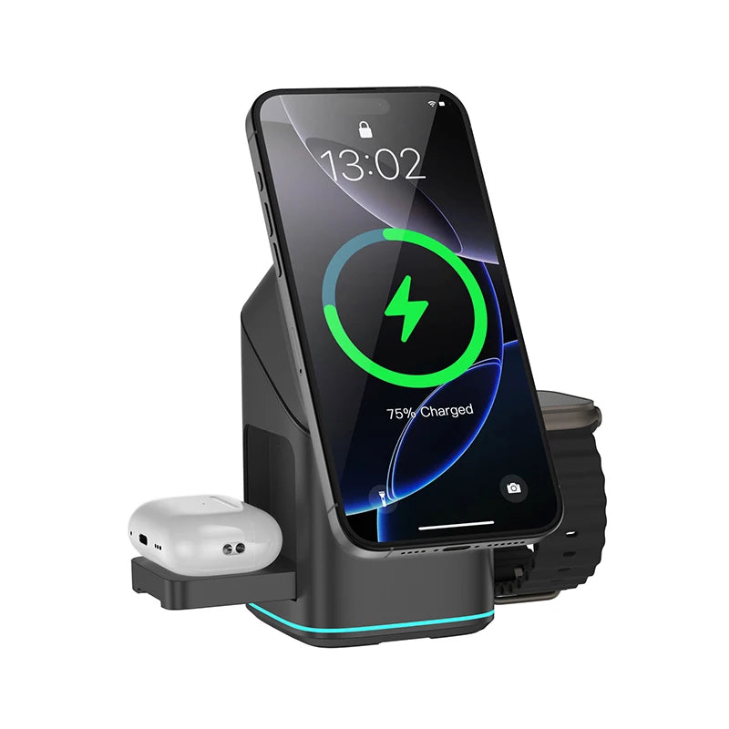 Qi2 15W 3-in-1 Magnetic Wireless Charger Stand Fast Charging For iPhone 14 15 16 17/AirPods Charger Touch Auto Rotation