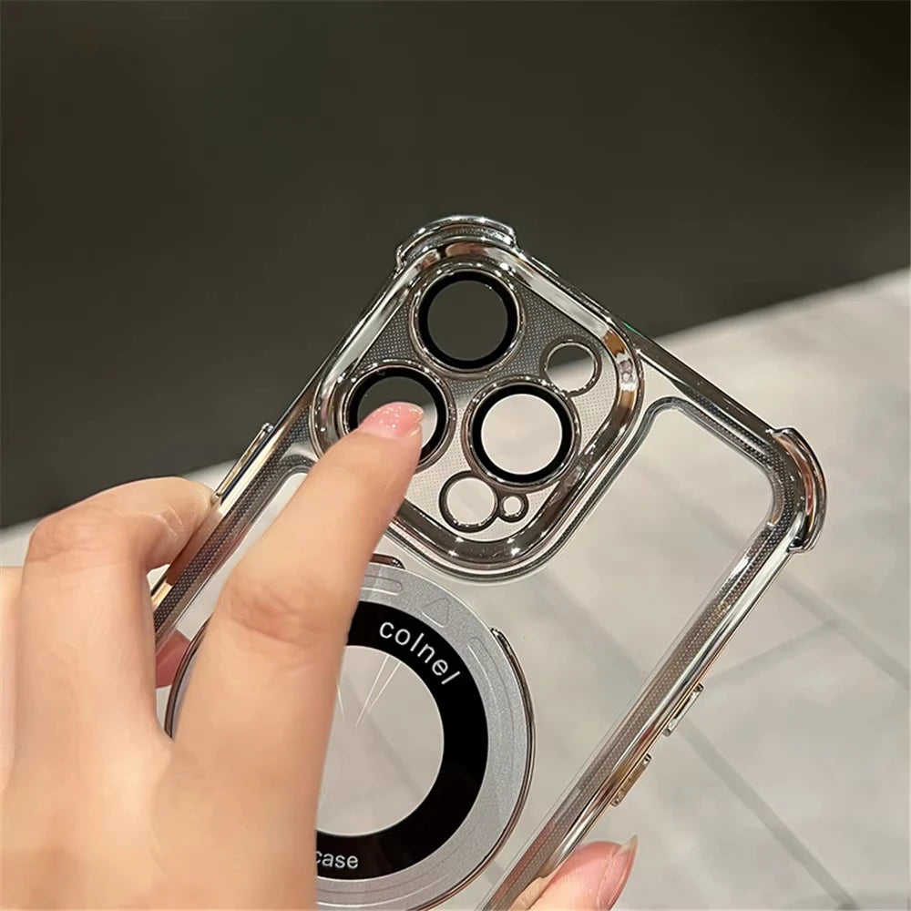 Luxury Plating Shockproof Magnetic Bracket For Magsafe Clear Case For iPhone 17 15 16 14 13 12 11Pro Max With Holder Stand Cover