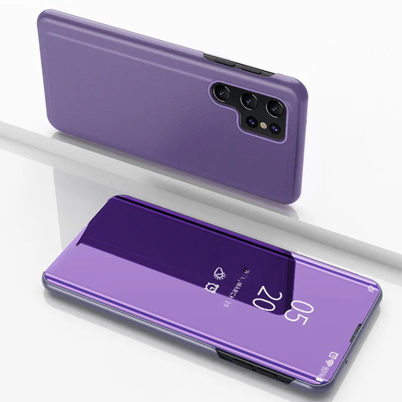 Smart Clear View Mirror Flip Case For Samsung Galaxy A16 A26 A36 A56 A55 A35 A15 A54 S22 S23 FE S24 Ultra Plus S25 Edge PU Cover