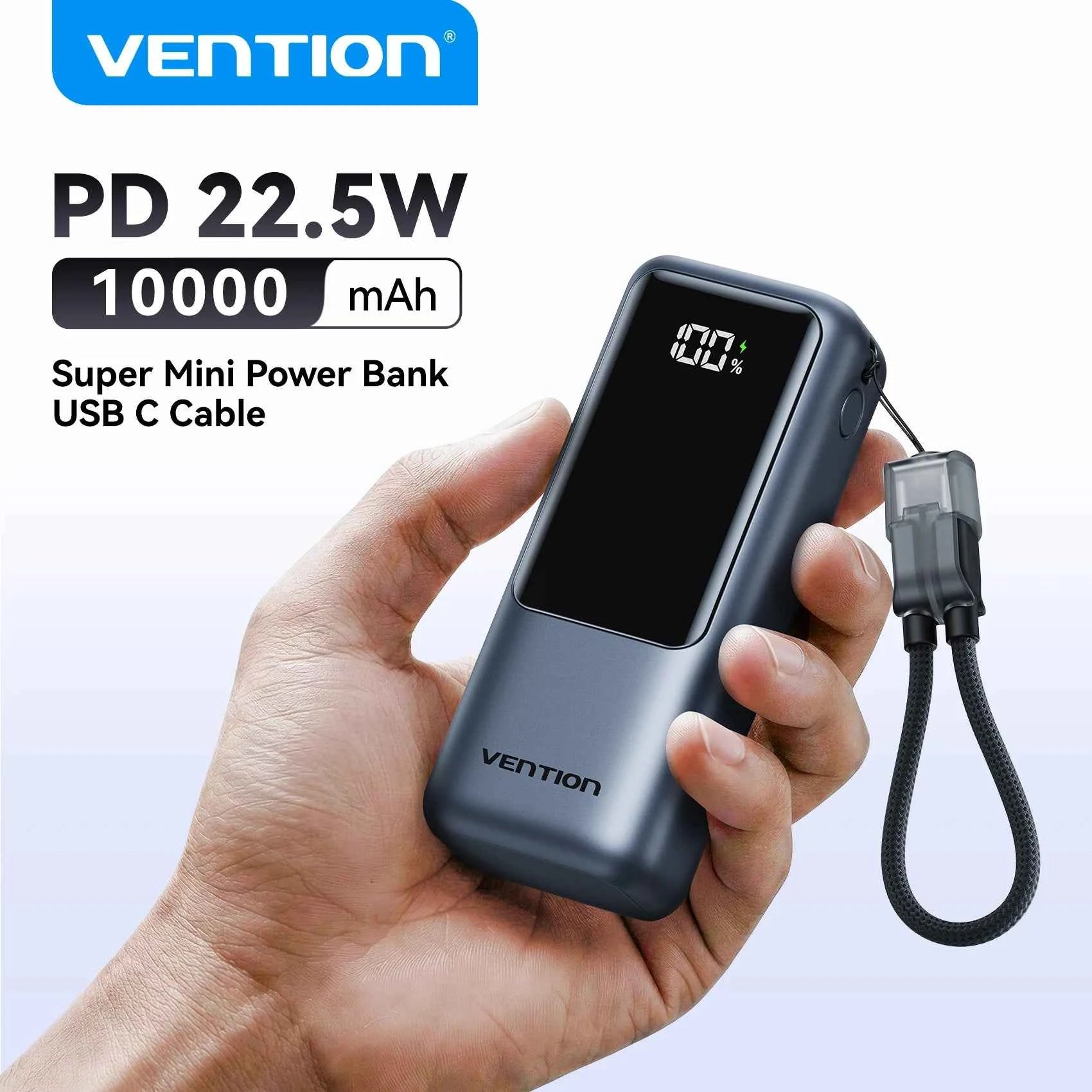 Vention 10000mAh Mini Power Bank 22.5w Portable Charger Built-in USB C Cable PD 3.0 Fast Charging for iPhone 17 Samsung S25 S24