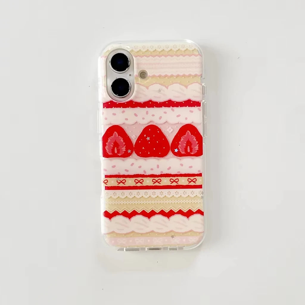 Cream Strawberry Cake Lace Bowknot Phone Case For iPhone 17 Air 16 ProMax 15 14 Plus 13 12 11 Pro Shockproof Silicone Back Cover