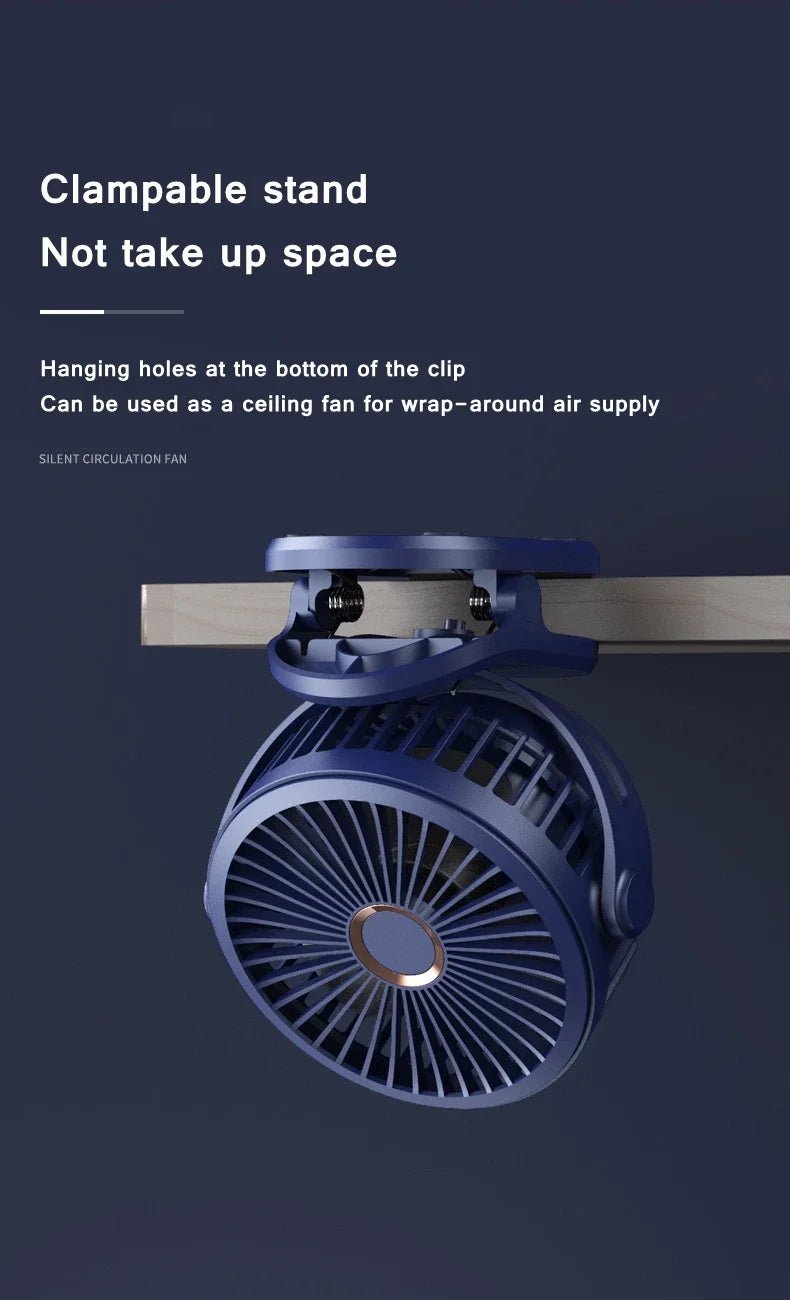 Mini 10000mAh Chargeable Clipped Fan 360° Rotation 4-speed Wind USB Desktop Ventilator Silent Air Conditioner for Bedroom Office