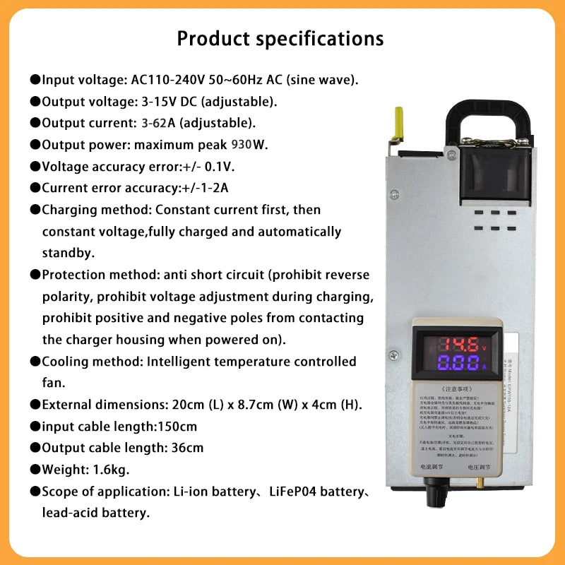 Lifepo4 Charger 12V 62A 60A Lithium Battery Charger 110V-240V Input 3-15V Adjustable Quick Fast Adapter for Lifepo4 Battery
