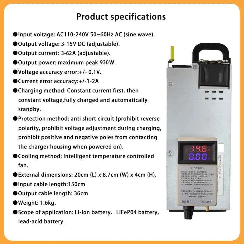 Lifepo4 Charger 12V 62A 60A Lithium Battery Charger 110V-240V Input 3-15V Adjustable Quick Fast Adapter for Lifepo4 Battery